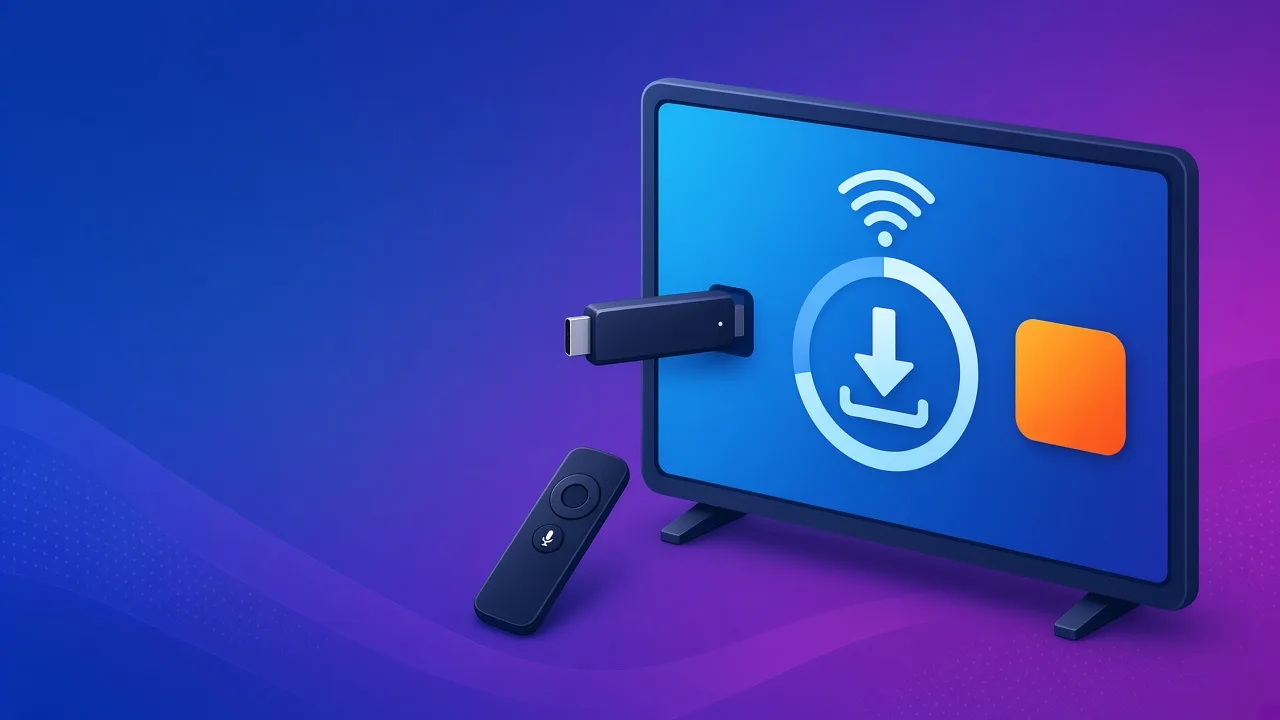 Fire TV Stick conectado a uma TV que mostra um ícone de download em andamento, com controle por voz ao lado