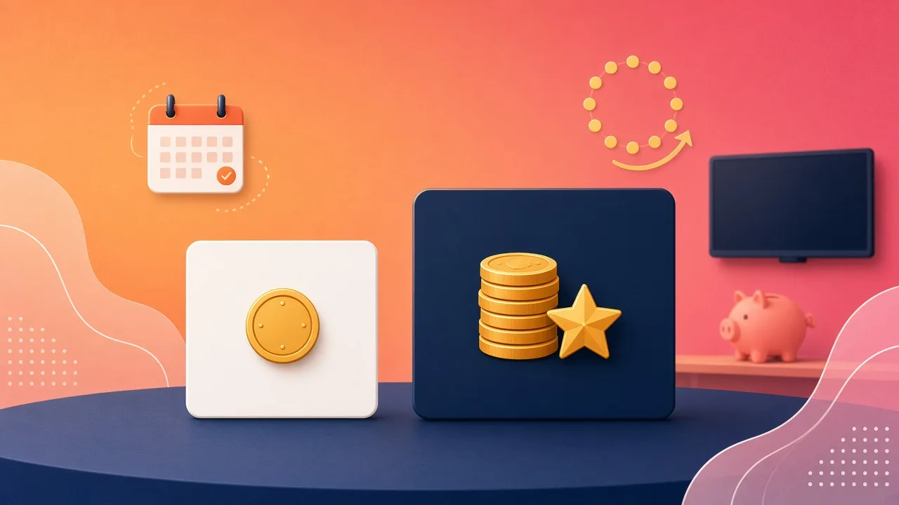Dois cartões de plano lado a lado: um pequeno com uma moeda e outro maior com pilha de moedas e estrela, com cofrinho e TV ao fundo